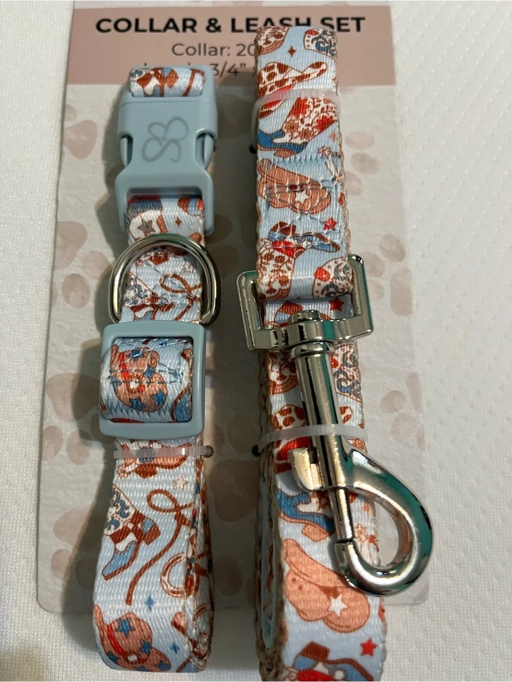 Dog Light Blue Cowboy Print Collar & Leash Set NWT